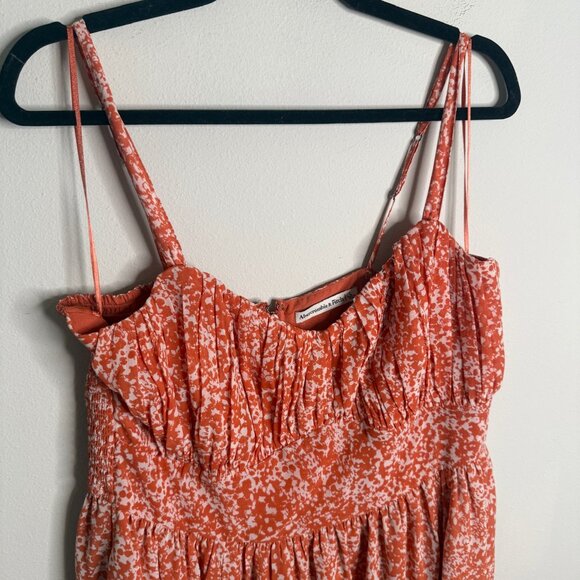 Abercrombie & Fitch Women's Orange Floral Ruched Midi Dress - Size L Large - Picture 4 of 6
